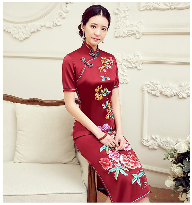 紅色桂花香短袖旗袍，蠶絲刺繡旗袍裙
