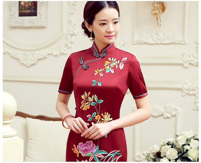 紅色桂花香短袖旗袍，蠶絲刺繡旗袍裙