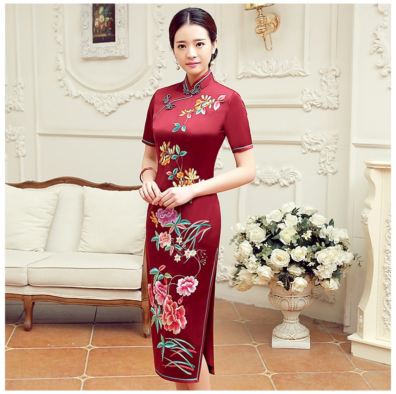 紅色桂花香短袖旗袍，蠶絲刺繡旗袍裙
