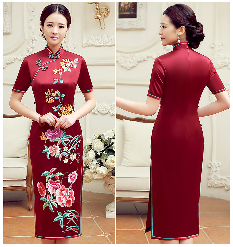 紅色桂花香短袖旗袍，蠶絲刺繡旗袍裙