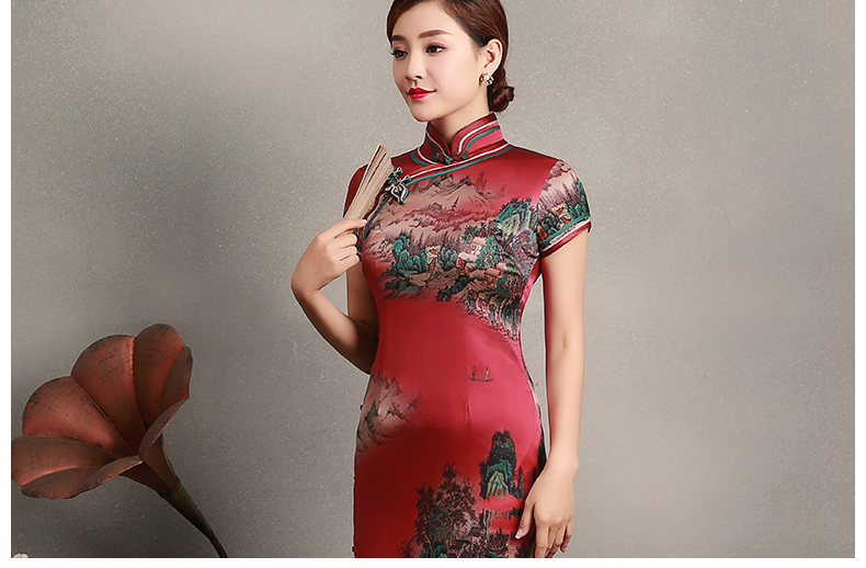 紅色山岳短袖旗袍，蠶絲時(shí)尚旗袍裙