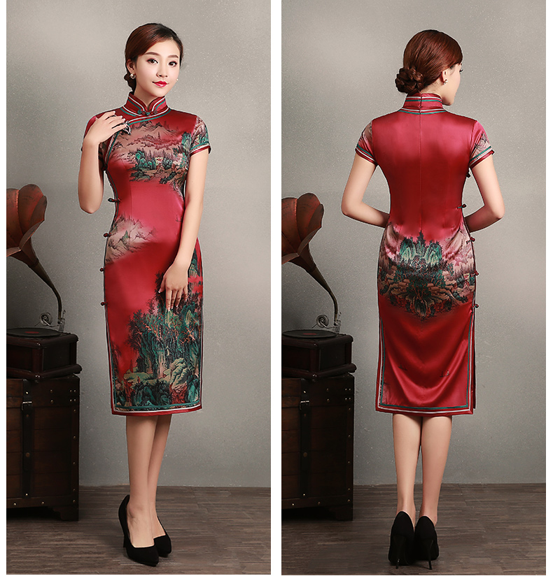紅色山岳短袖旗袍，蠶絲時(shí)尚旗袍裙