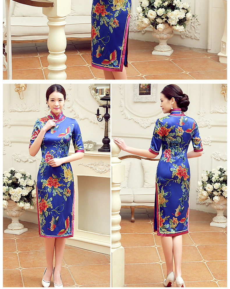 復(fù)古蝶花舞短袖旗袍，蠶絲時(shí)尚旗袍裙