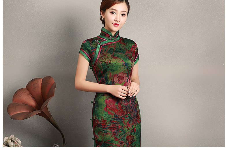 復(fù)古墨綠抽象色彩短袖旗袍，蠶絲時尚旗袍裙