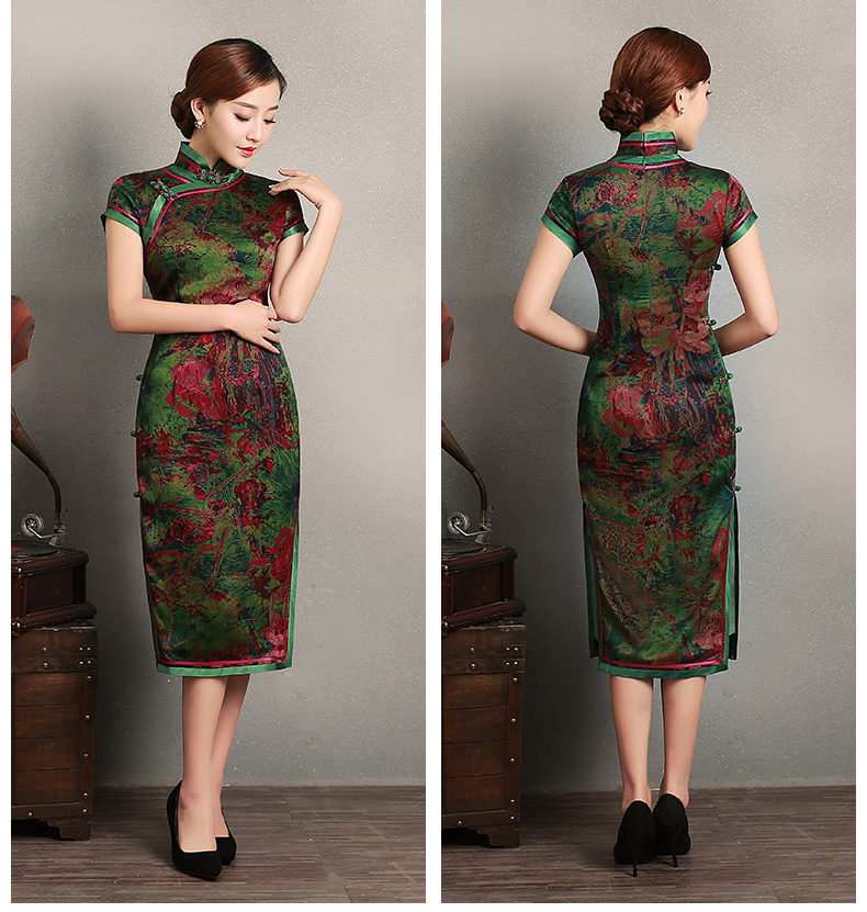 復(fù)古墨綠抽象色彩短袖旗袍，蠶絲時尚旗袍裙