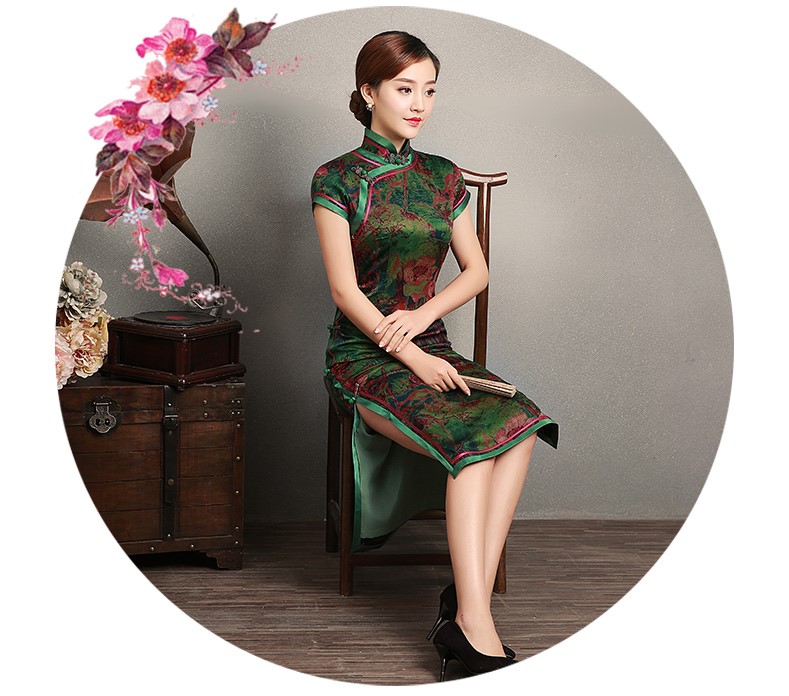 復(fù)古墨綠抽象色彩短袖旗袍，蠶絲時尚旗袍裙