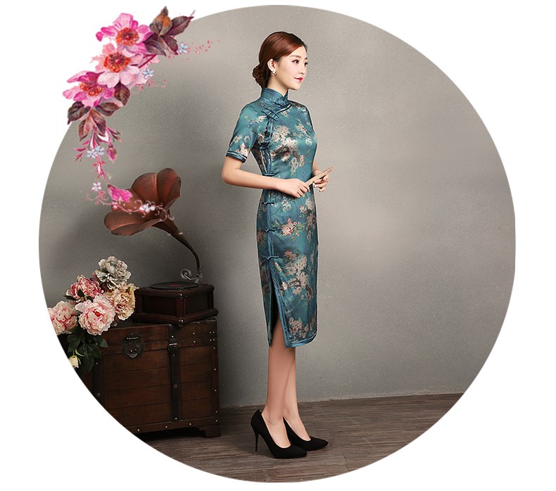 藍(lán)綠色玉梅短袖旗袍，蠶絲時(shí)尚旗袍裙