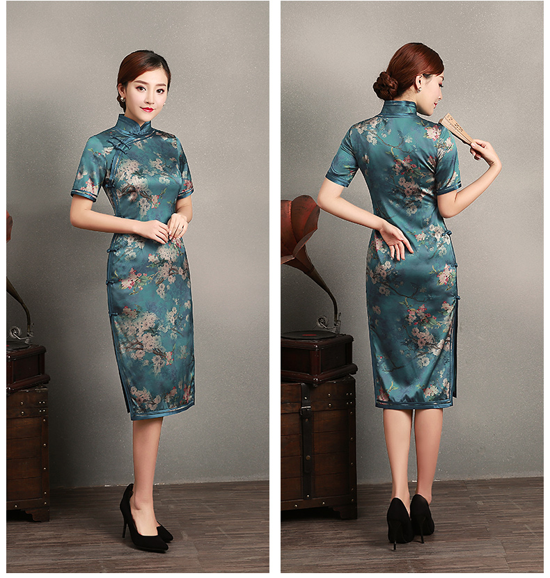 藍(lán)綠色玉梅短袖旗袍，蠶絲時(shí)尚旗袍裙