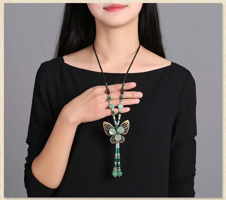 復古蝴蝶吊墜綠色毛衣鏈項鏈