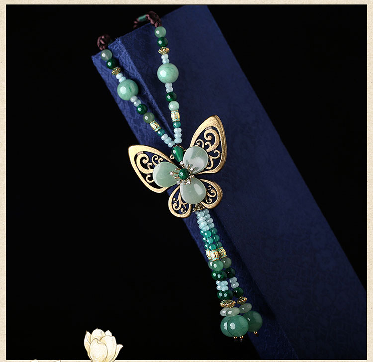 復古蝴蝶吊墜綠色毛衣鏈項鏈