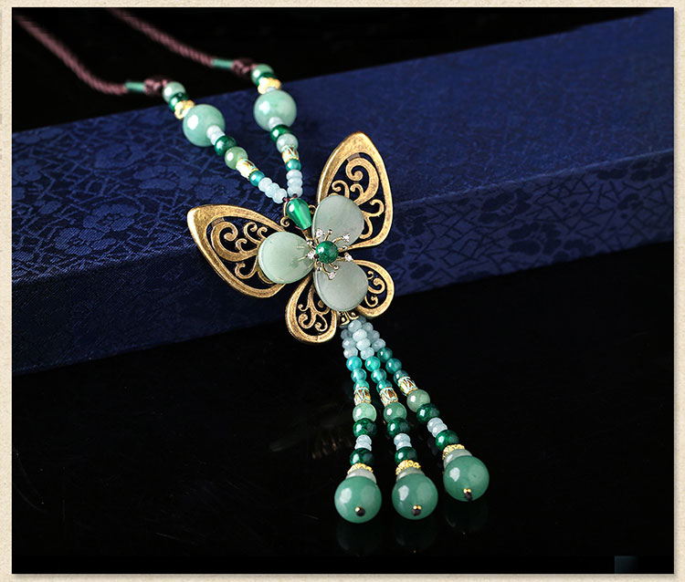 復古蝴蝶吊墜綠色毛衣鏈項鏈