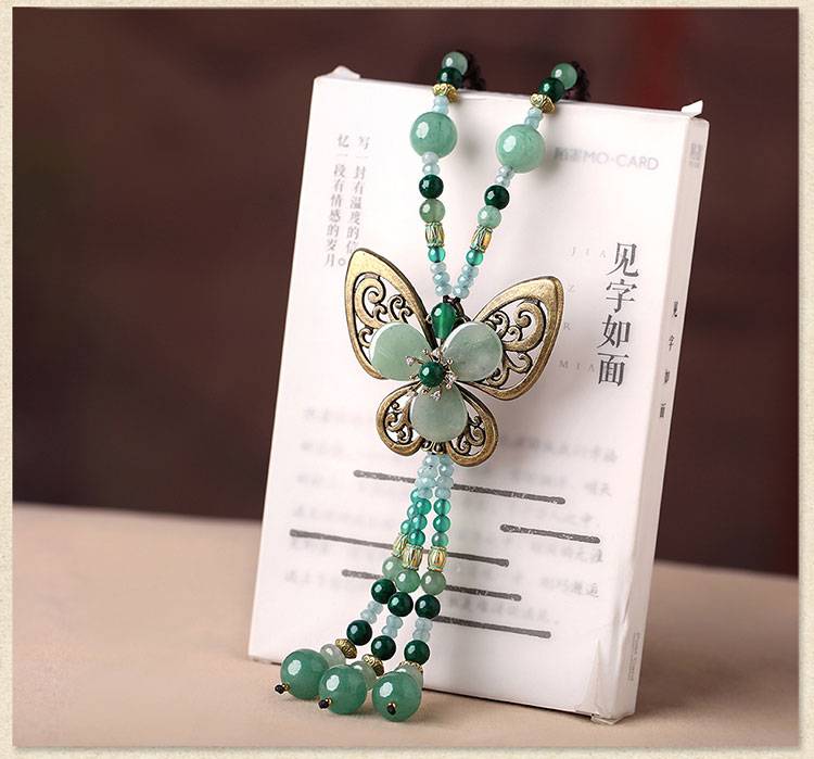 復古蝴蝶吊墜綠色毛衣鏈項鏈