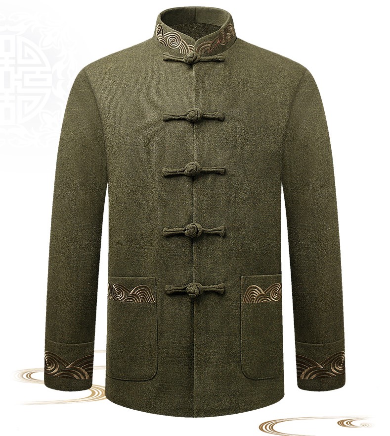墨綠色中式唐裝外套，復(fù)古風(fēng)民族刺繡男士唐裝