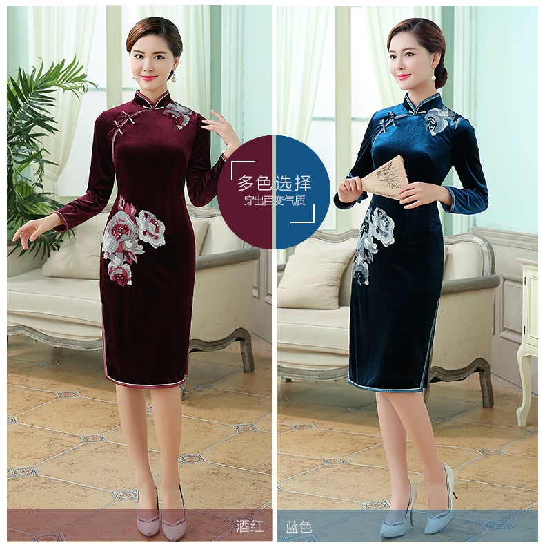 花朵絨面旗袍，時(shí)尚長(zhǎng)袖旗袍裙。