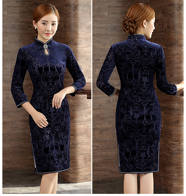 復(fù)古絲絨燒花旗袍，時尚藍色中長款旗袍裙