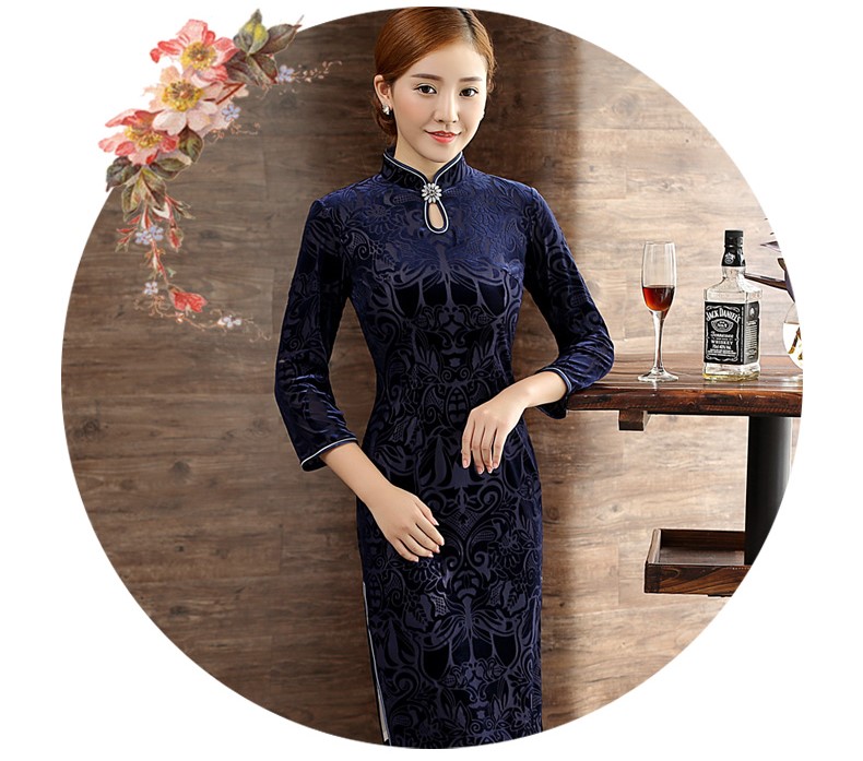 復(fù)古絲絨燒花旗袍，時尚藍色中長款旗袍裙