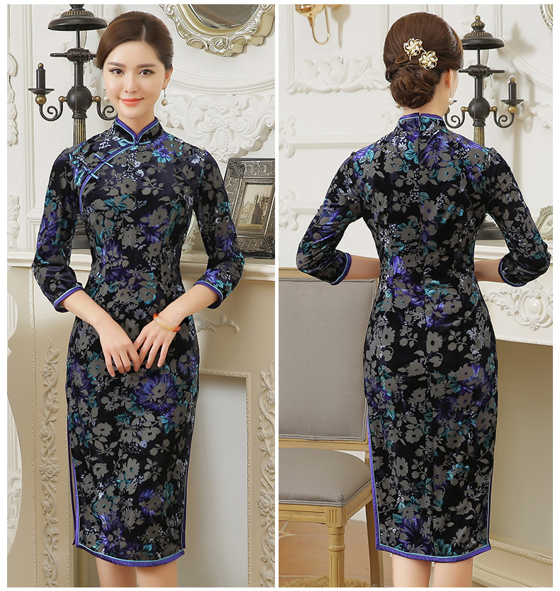 復(fù)古金絲絨燒花旗袍，時尚中長款旗袍裙