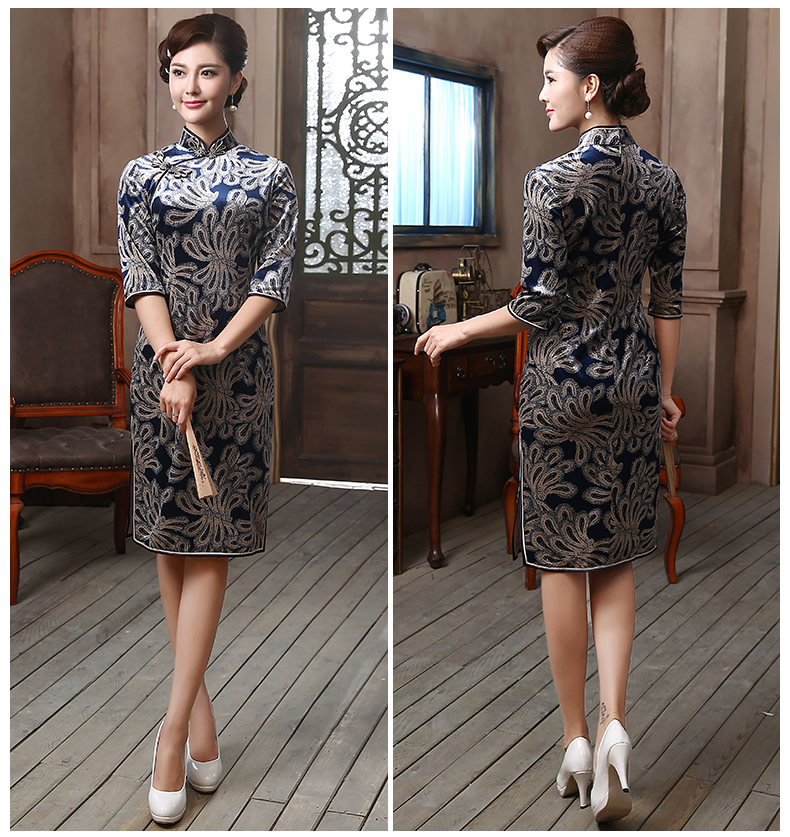 古韻貴媚旗袍，復古絲絨中袖旗袍裙