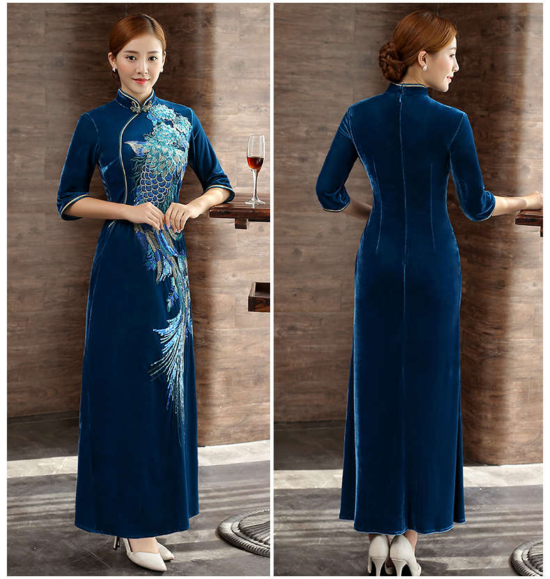 藍(lán)色鳳戀旗袍，絲絨繡花旗袍裙