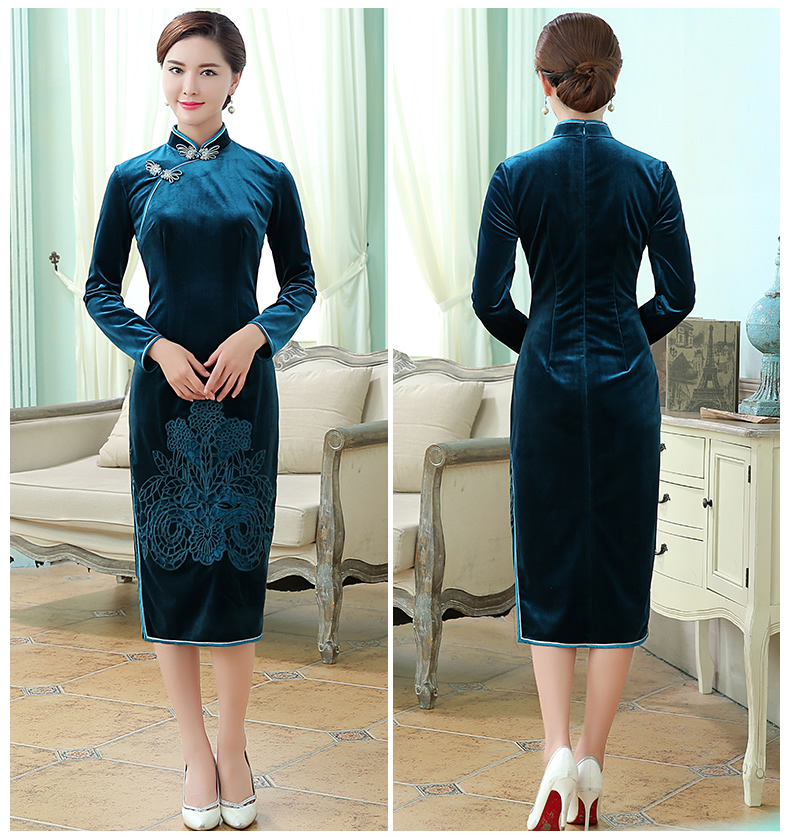 花嫣凹凸繡花旗袍，絲絨古典旗袍裙