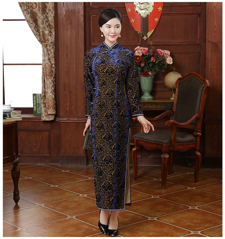 唯美絲絨燒花玫瑰圖案旗袍，情顏長(zhǎng)袖旗袍裙