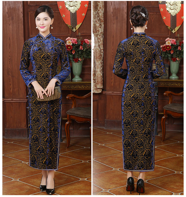 唯美絲絨燒花玫瑰圖案旗袍，情顏長(zhǎng)袖旗袍裙