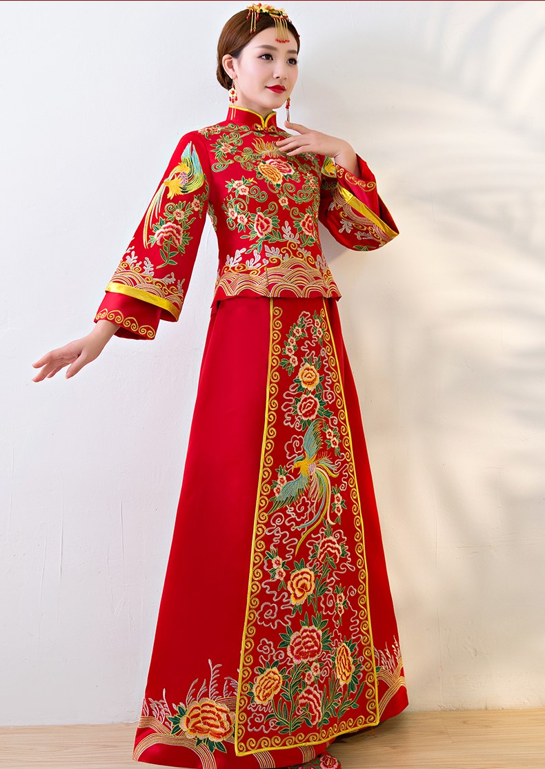 唯美匠心啟航閱讀中式禮服，鳳牡丹刺繡新娘禮服