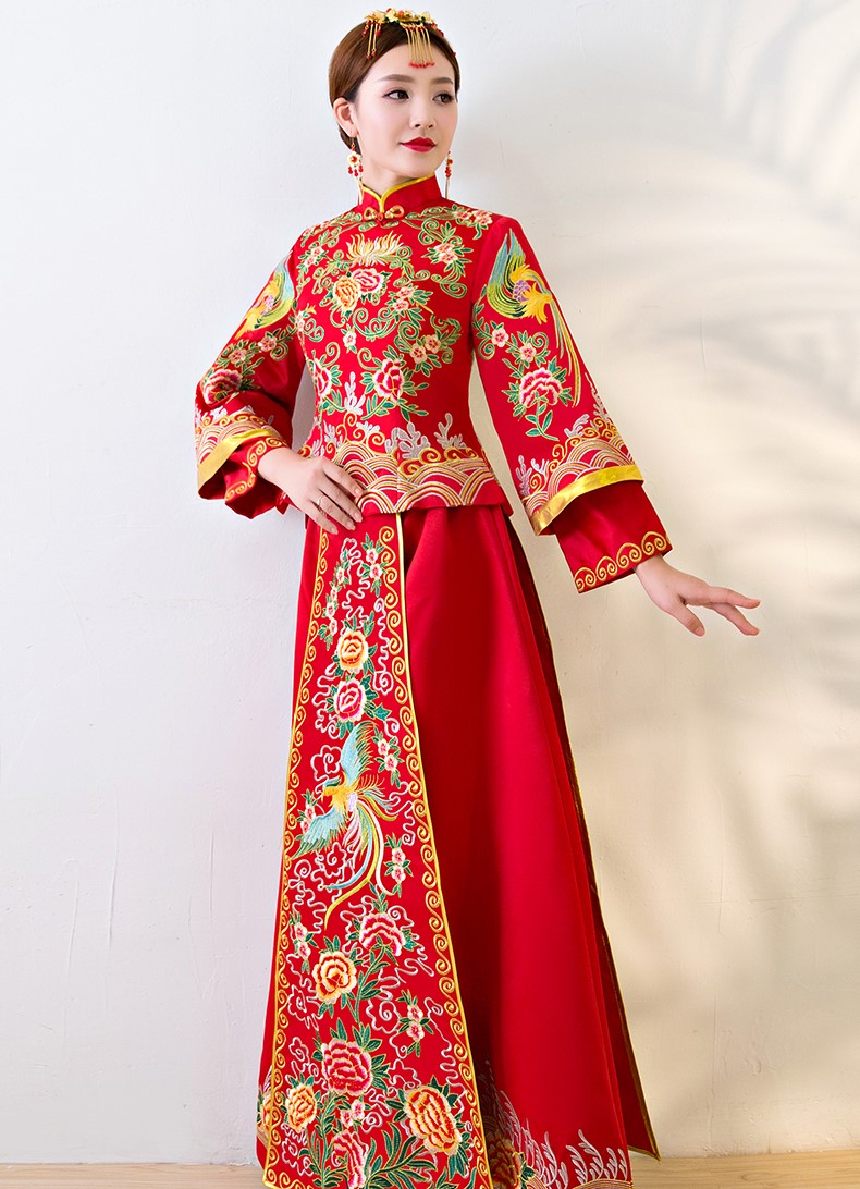 唯美匠心啟航閱讀中式禮服，鳳牡丹刺繡新娘禮服