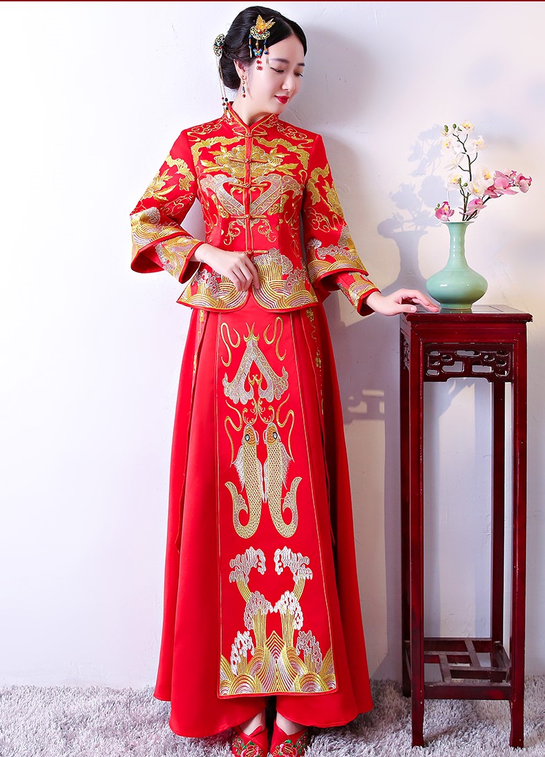 古典吉祥中式禮服，唯美鯉魚刺繡新娘禮服