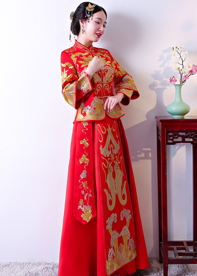 古典吉祥中式禮服，唯美鯉魚刺繡新娘禮服