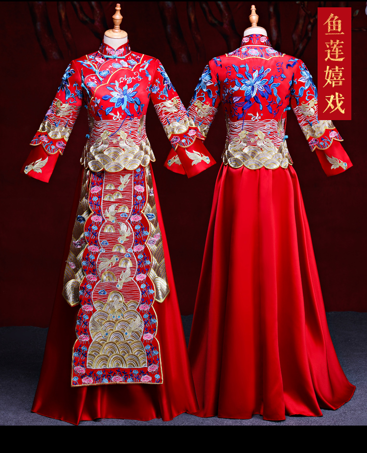 魚蓮嬉戲中式禮服，東方韻味新娘禮服