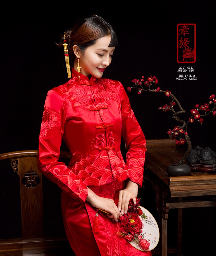 紅妝素雅中式禮服，同色系刺繡新娘禮服