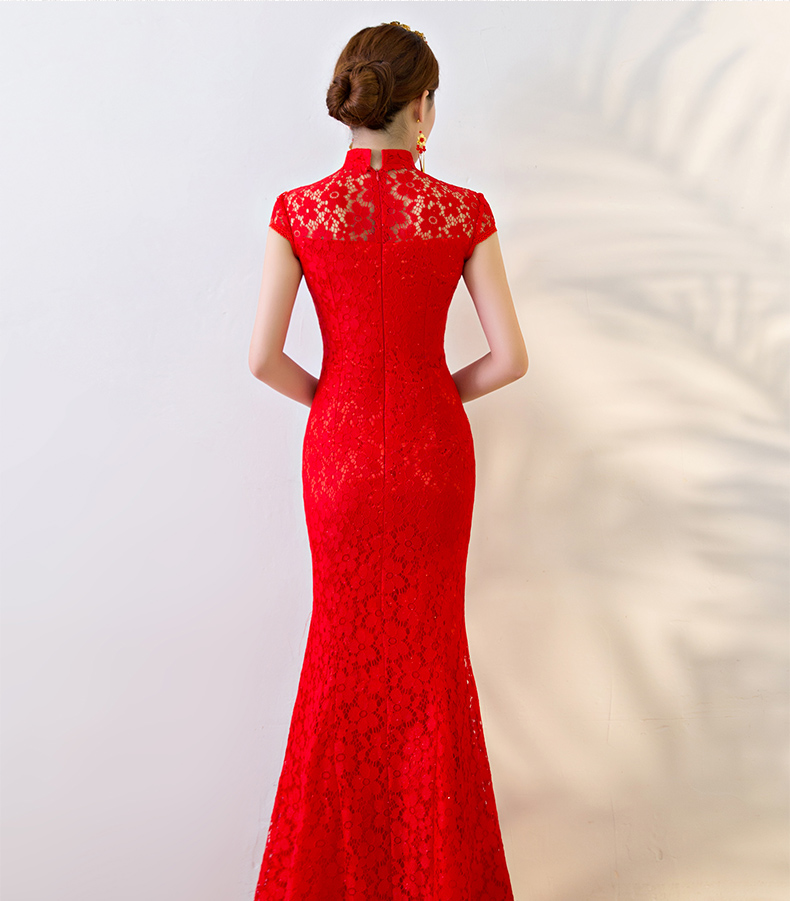性感蕾絲魚尾中式禮服，華麗復古晚禮服