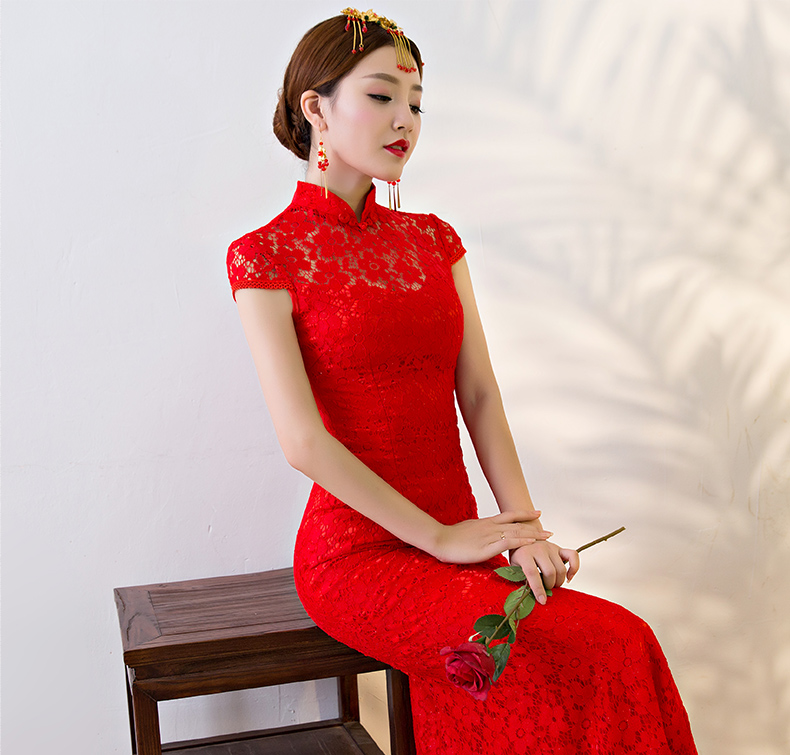 性感蕾絲魚尾中式禮服，華麗復古晚禮服