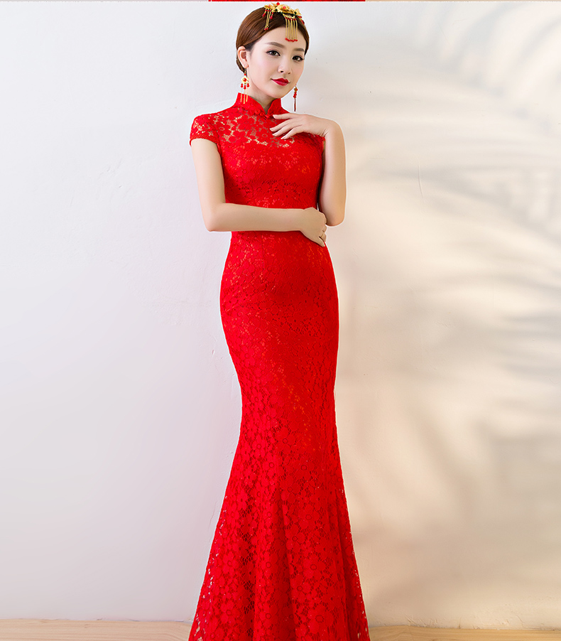性感蕾絲魚尾中式禮服，華麗復古晚禮服