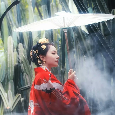 紅衣仙鶴帶傘女生頭像，唯美古風真人頭像