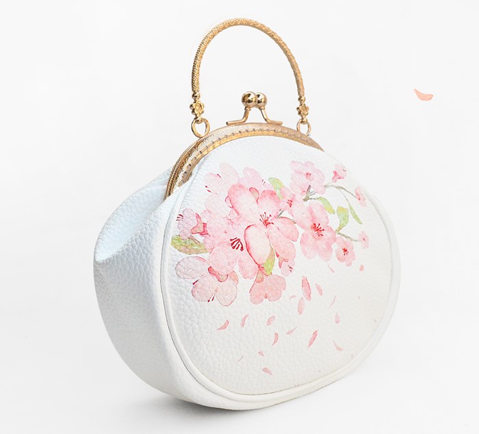 唯美清新桃花手提包，花朵古風(fēng)手工包