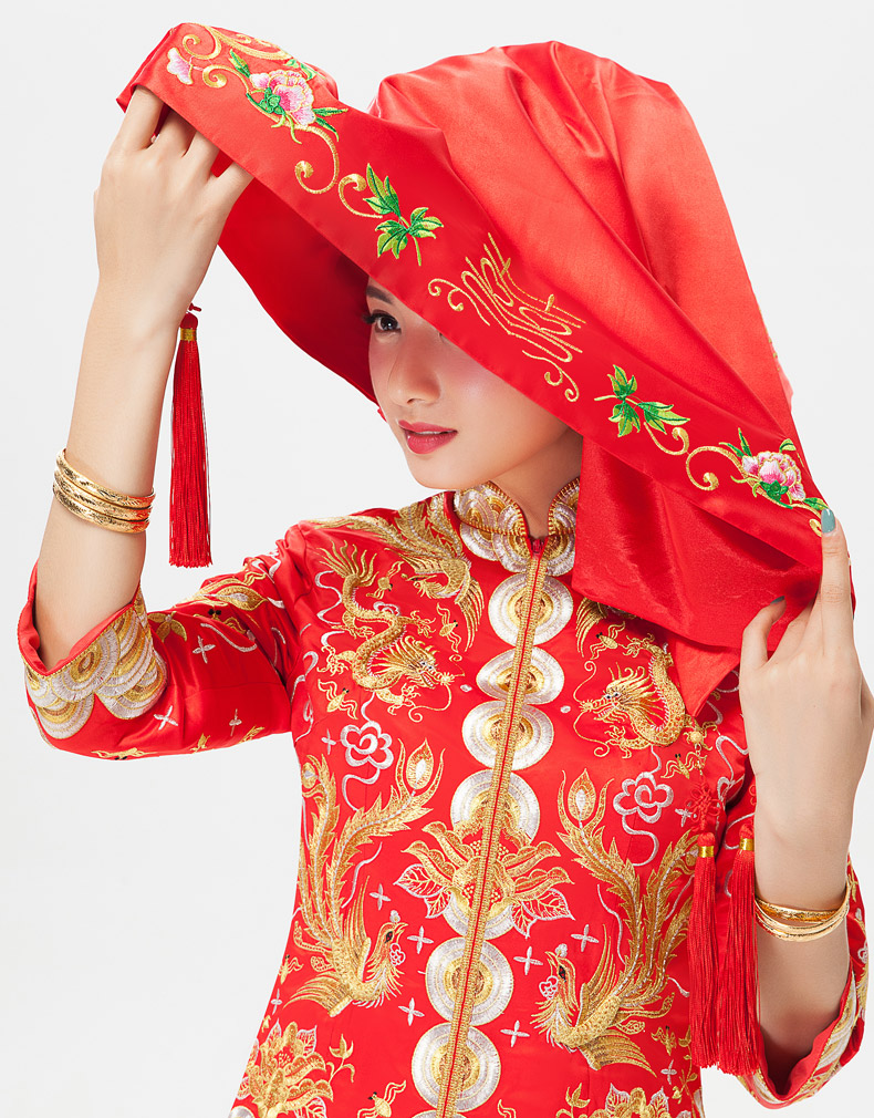牡丹花繡邊紅色流蘇喜帕新娘結婚蓋頭