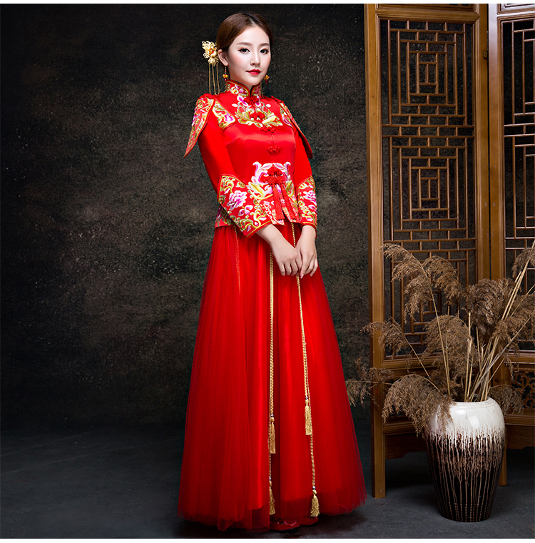 金玉良緣新娘禮服，小披肩中式禮服