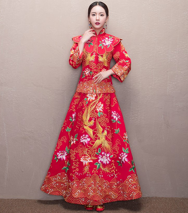 牡丹花領新娘禮服，古典刺繡中式禮服