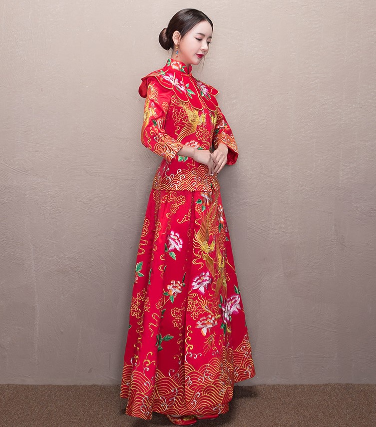 牡丹花領新娘禮服，古典刺繡中式禮服