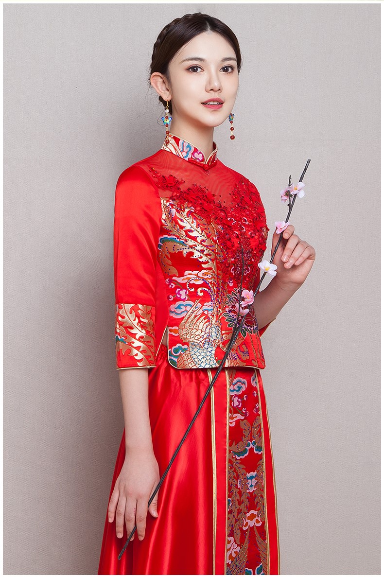 古典華麗新娘禮服，復(fù)古蕾絲中式禮服