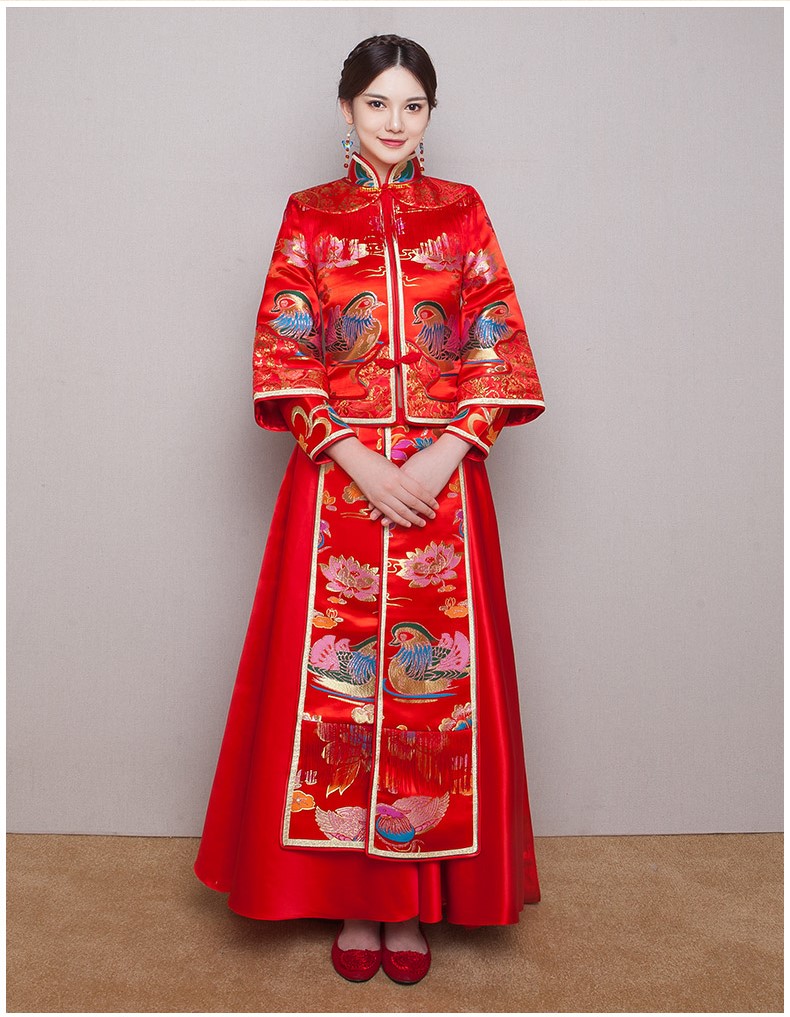 鴛鴦戲水新娘禮服，唯美流蘇中式禮服