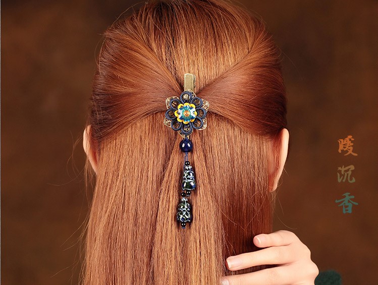 匠心啟航閱讀花朵復(fù)古陶瓷吊墜發(fā)夾頭飾