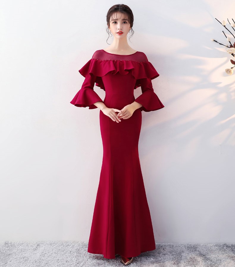 優(yōu)雅喇叭袖中式禮服，時尚魚尾晚禮服
