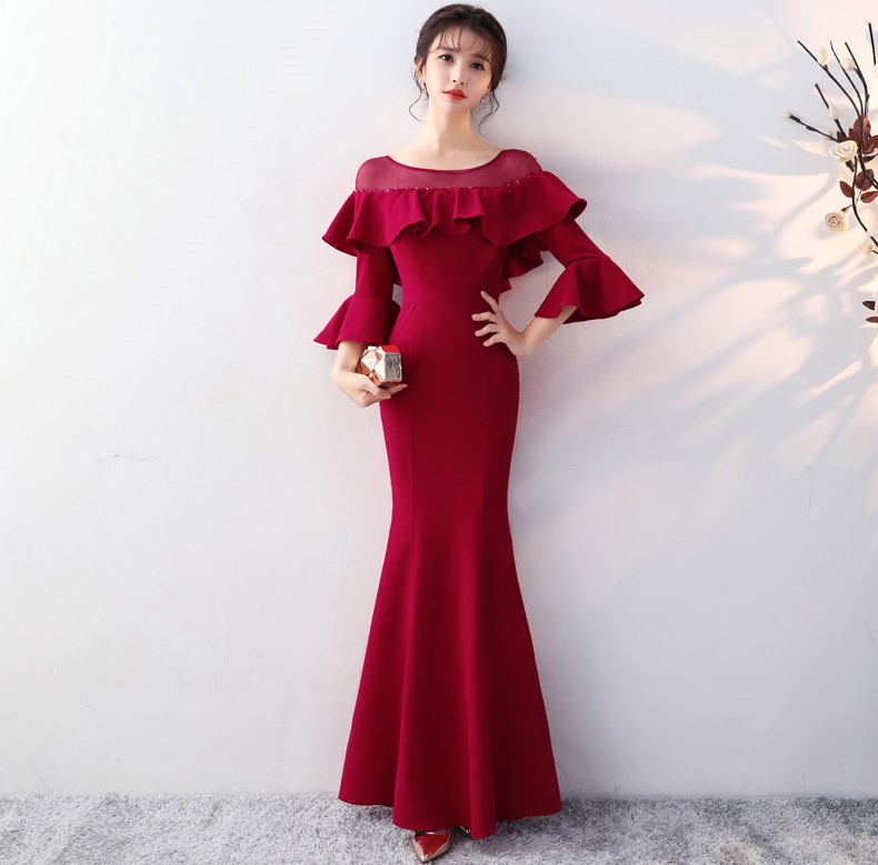 優(yōu)雅喇叭袖中式禮服，時尚魚尾晚禮服