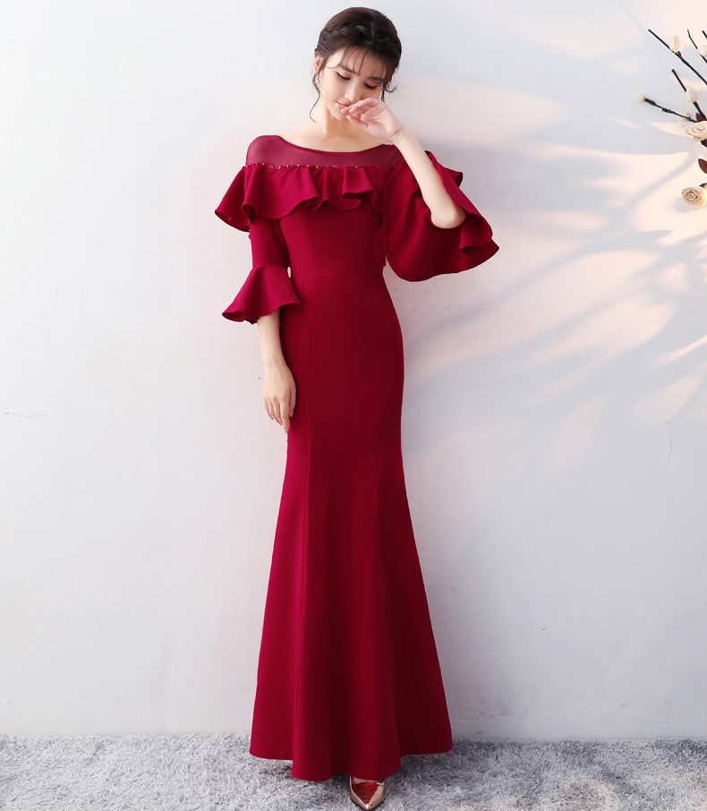 優(yōu)雅喇叭袖中式禮服，時尚魚尾晚禮服