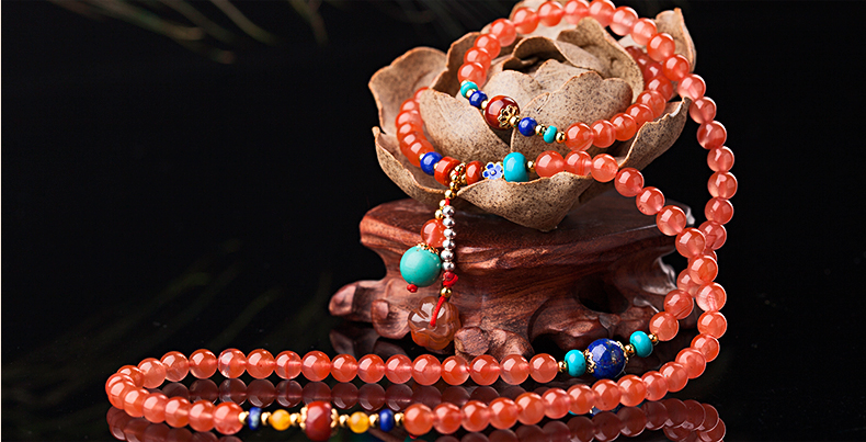 櫻桃紅瑪瑙水晶手鏈，多圈南紅手串