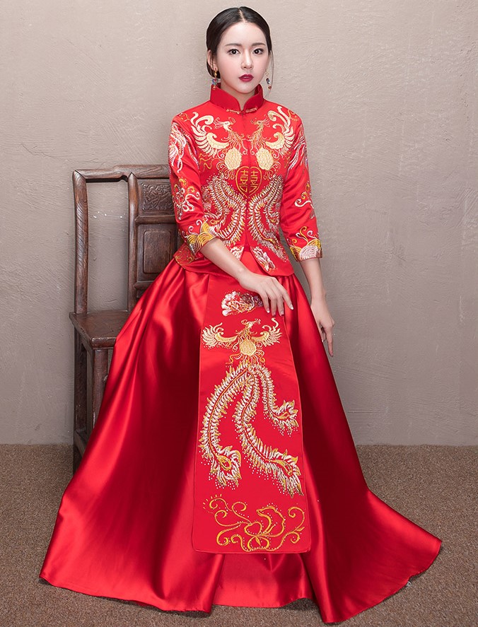 古典匠心啟航閱讀喜字新娘禮服,鳳凰刺繡中式禮服