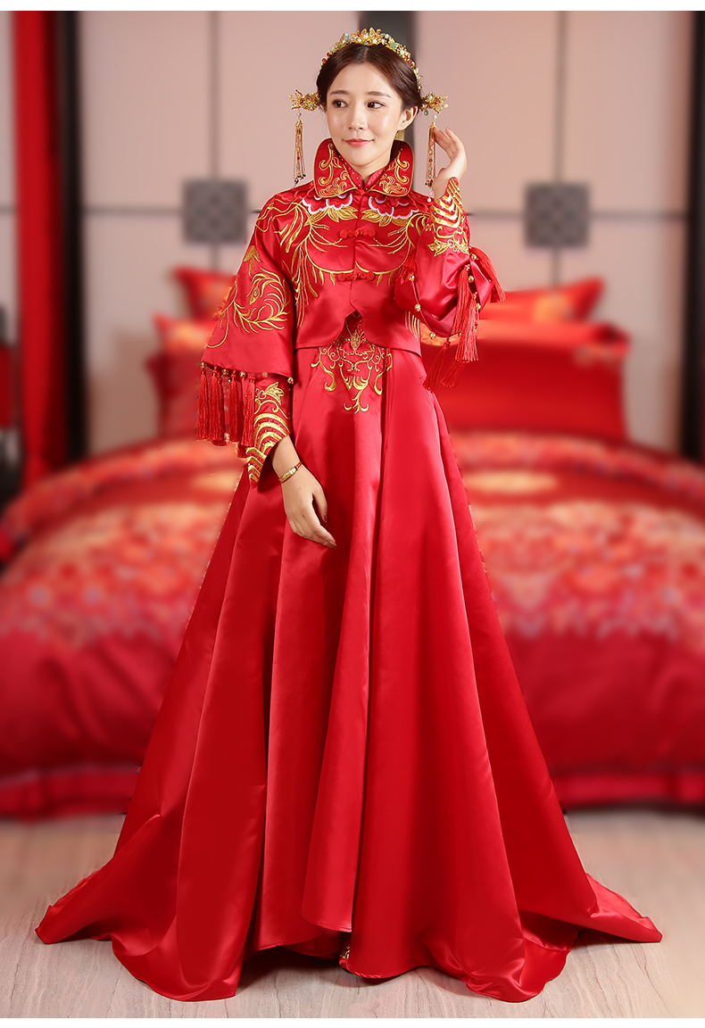 中國紅氣質拖尾新娘禮服,唯美刺繡中式禮服